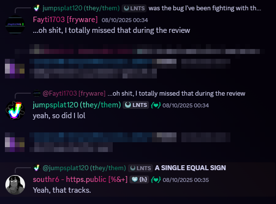 Discord conversation with three members, 08/10/2025, 12:34 AM. Message from Fayti1703 '...oh shit, I totally missed that during the review'. Jumpsplat120 responds 'yeah, so did I lol'. southr6 replies to the inital all caps message with 'Yeah, that tracks.'