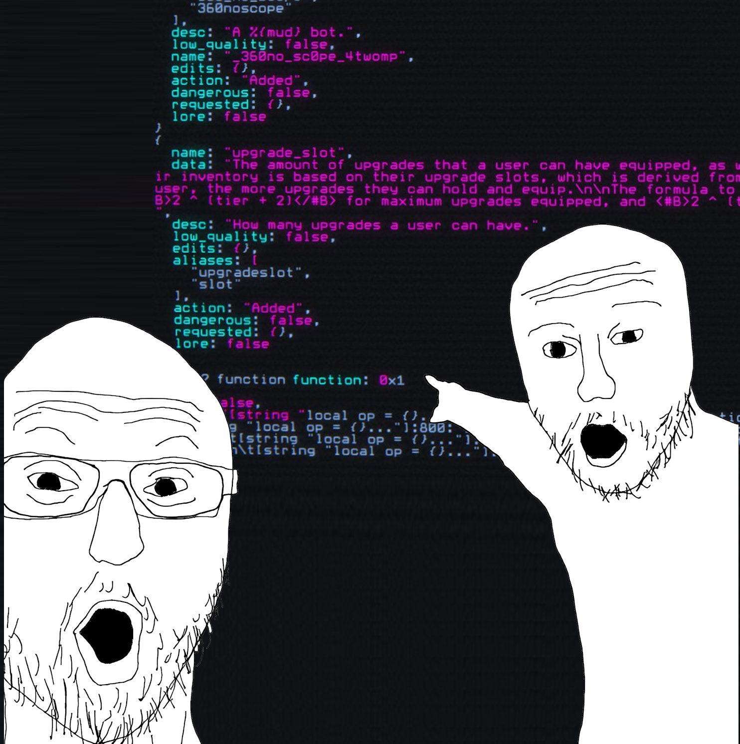 Two men drawn in a simple, black and white style (referred to as wojacks) pointing at the text 'function 0x1' in some debug output, while staring at the viewer with their mouths hung open.